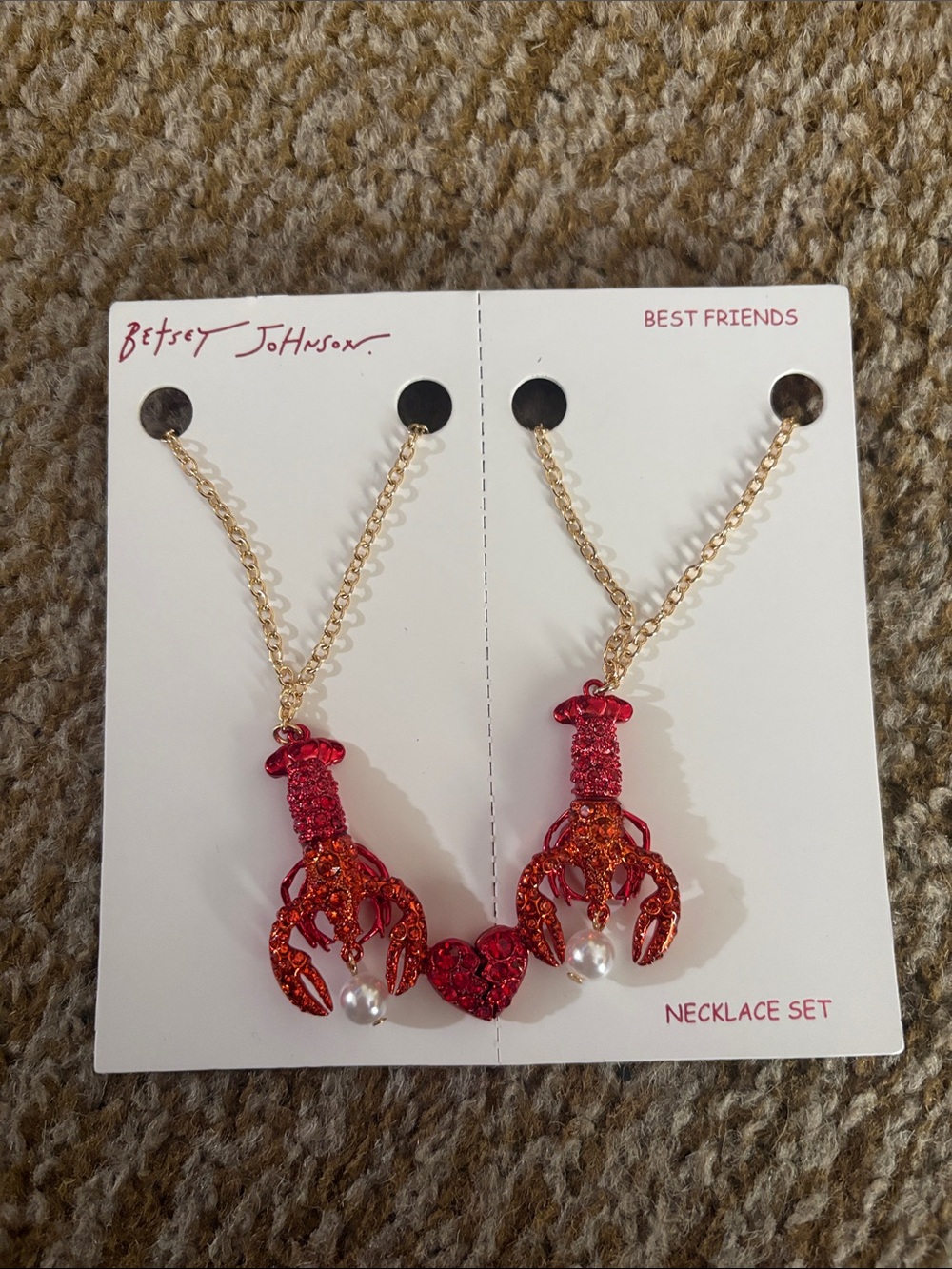 Betsey Johnson Red and Gold Lobster Best Friends Necklace Set